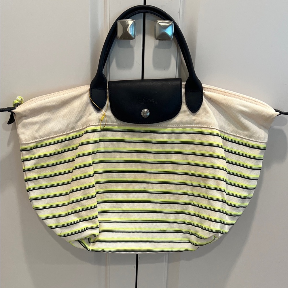 Longchamp Striped Canvas Tote in White, Black & Neon Yellow - Picture 7 of 7